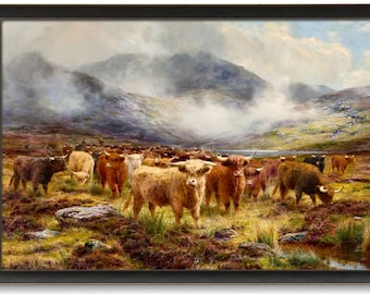 Herd of Highland Cattle, Vibrant Scottish Landscape Painting, High Quality Art Print, Louis Bosworth Hurt, Antique Highland Cow Painting
