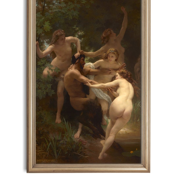 Nymphes et satyre, William-Adolphe Bouguereau, impression d'art, mythologie grecque, nus féminins, peinture classique, peinture antique érotique
