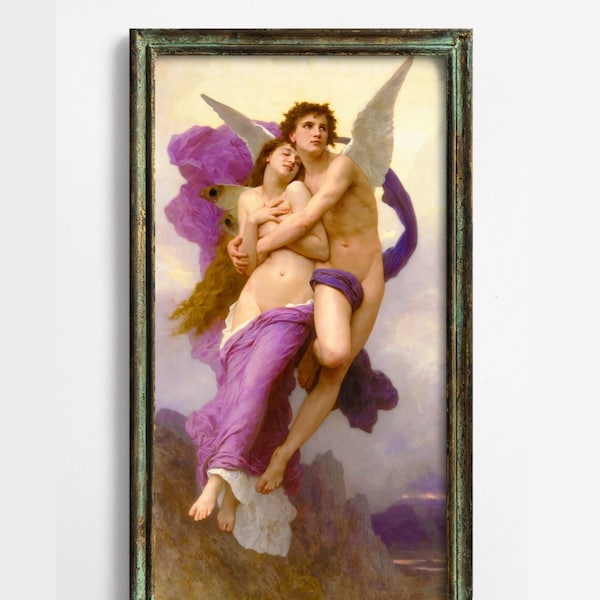 The Rapture of Psyche, Vintage Romantic Fairy Art, William-Adolphe Bouguereau, Fine Art Print, Purple, Mythology, Victorian Cupid and Psyche