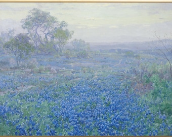 Vintage Texas Landscape, Field of Bluebonnets on a Cloudy Day, Julian Onderdonk, Fine Art Print, Blue Flowers, Impressionist Landscape