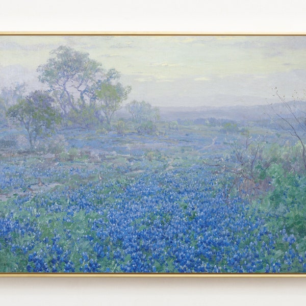 Vintage Texas Landscape, Field of Bluebonnets on a Cloudy Day, Julian Onderdonk, Fine Art Print, Blue Flowers, Impressionist Landscape