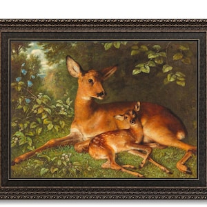 Doe and Fawn in the Forest, Antique Artwork, Deer Painting, High Quality Art Print, Woodland Animals, Wilderness Painting, Carl Schweninger