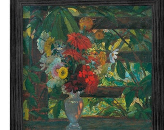 Naturaleza muerta floral, pintura estilo Arts and Crafts, obra de arte vintage antigua, impresión artística de alta calidad, arte de principios del siglo XX, flores