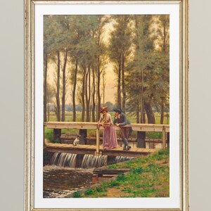 May include: A painting of a couple standing on a wooden bridge over a stream. The woman is wearing a pink dress and a hat, and the man is wearing a gray suit. A small white dog is standing on the bridge behind them.