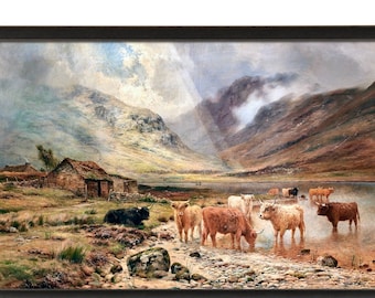 Highland Cows Painting, Antique Scottish Landscape Painting, High Quality Art Print, Louis Bosworth Hurt, Perthshire Loch