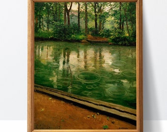 Raindrops on Water, Antique French Painting, Gustave Caillebotte, High Quality Art Print, The Yerres, Effect of Rain, Green Water Landscape