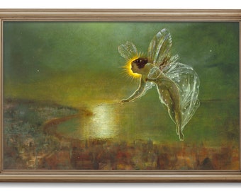 Spirit of the Night, Art Nouveau Fairy Painting, John Atkinson Grimshaw, High Quality Art Print, Antique Fairy Art, Green Night Landscape