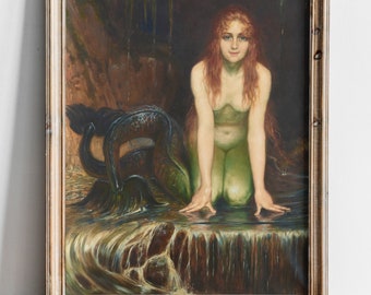 Playful Mermaid, Antique Mermaid Painting, Victorian Mermaid Art, High Quality Fine Art Print, Vintage Mermaid with Long Red Hair