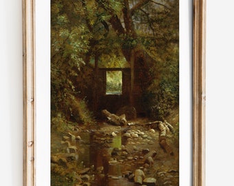 May include: A painting of a forest scene with a stream running through it. The stream is surrounded by rocks and trees. There is a wooden structure in the background with a window that looks out onto the forest.