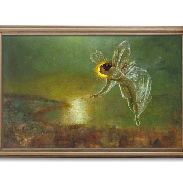 Spirit of the Night, Art Nouveau Fairy Painting, John Atkinson Grimshaw, High Quality Art Print, Antique Fairy Art, Green Night Landscape