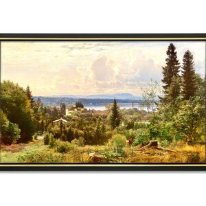 May include: A painting depicting a lush green forest with a lake in the distance. The sky is a pale blue with fluffy white clouds. A small deer stands in the foreground.