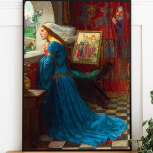 May include: A painting depicting a woman in a blue gown kneeling by a window, gazing out at a castle in the distance. A man in a red robe is peering through a curtain in the background.