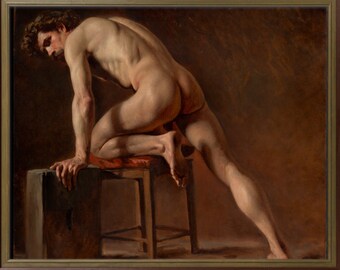 Desnudo masculino clásico, Gustave Courbet, colores terrosos cálidos, pintura antigua del siglo XIX, hombre desnudo, impresión artística de alta calidad.