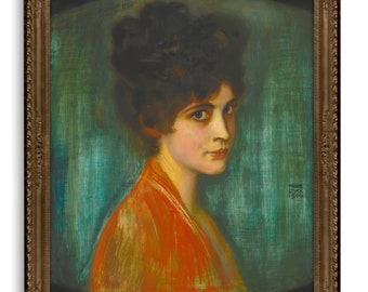 Portrait of Woman in Orange and Teal, Edwardian Late Victorian Profile Woman Painting, High Quality Art Print, Franz von Stuck, Frau Feez