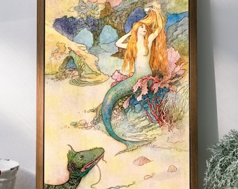 Mermaid, Warwick Goble, Fine Art Print, Illustration from The Book of Fairy Poetry, Vintage Mermaid Art, Antique Mermaid Illustration