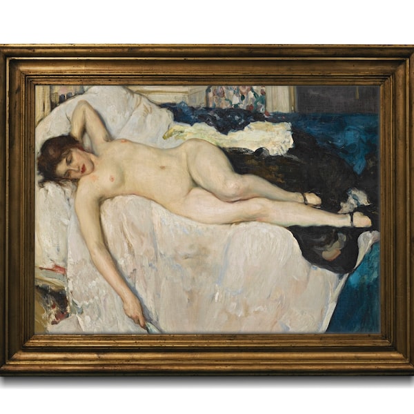 Vintage French Nude Painting, Naked Woman Laying on a Bed, Sensual Nude Art, Fine Art Print, Antique Bedroom Art, Belle Epoque, Toussaint