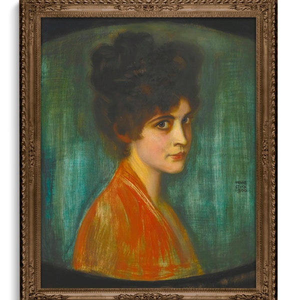 Portrait of Woman in Orange and Teal, Edwardian Late Victorian Profile Woman Painting, High Quality Art Print, Franz von Stuck, Frau Feez