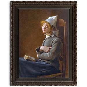 May include: A painting of a young person sitting in a chair, wearing a white cap and a gray jacket, with their arms crossed and holding a book. The person is looking down at the book and appears to be asleep.