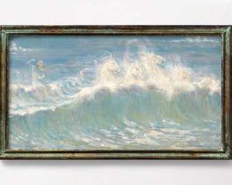 Antique Mythological Ocean Painting, Neptune's Horses, Horses in the Waves, High Quality Art Print, Walter Crane, Ocean Waves Painting