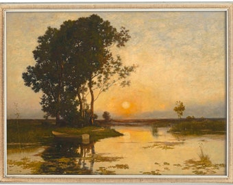 Vintage Landscape Pond at Sunset, Orange Sunset Sunrise Painting, Boat on Pond, High Quality Fine Art Print, Peaceful Antique Landscape