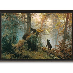 Vintage Painting Bears in the Woods, Antique Bear and Cubs in Pine Forest, High Quality Art Print, Ivan Shishkin, Painting of Bears