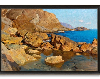 Rocky Coast in Italy, Italian Seaside Landscape, Sunny Ocean Painting, Antique Landscape, High Quality Art Print, Rocky Shore Art