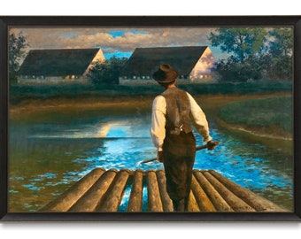 Pintura vintage de un río tranquilo, un paseo en balsa por el Amper, impresión artística de alta calidad, paisaje tranquilo al atardecer, pintura antigua relajante.