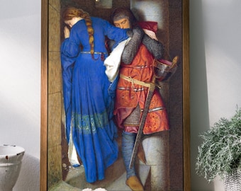 Romantic Medieval Art, The Meeting on the Turret Stairs, Sir Frederic William Burton, Castle Art, Pre-Raphaelite, Knight, Medieval Decor