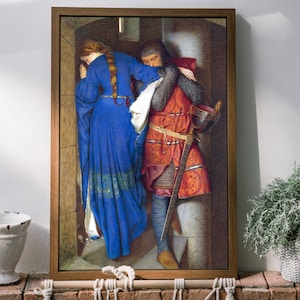 Romantic Medieval Art, The Meeting on the Turret Stairs, Sir Frederic William Burton, Castle Art, Pre-Raphaelite, Knight, Medieval Decor image 1
