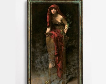 Priestess of Delphi, John Collier, Mystical Feminine Art, Art Nouveau, Pre-Raphaelite, Witch Occult Art, Dark Garnet Red, Greek Art