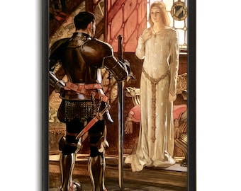 May include: A painting of a knight in armor standing in front of a woman in a white dress. The knight is holding a sword and the woman is standing in a doorway. The painting is set in a medieval castle.
