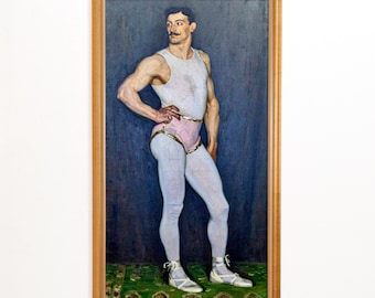 The Performer, Der Artist, Handsome Muscular Man, Handlebar Moustache, Early 1900s Antique Painting, Art Print, Man in Pink, Gay Male Art