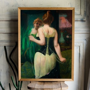 Victorian Woman in Corset, Pierre Carrier-Belleuse, Dark Green Boudoir Art, Sensual Art, Woman Lacing her Corset, Art Nouveau