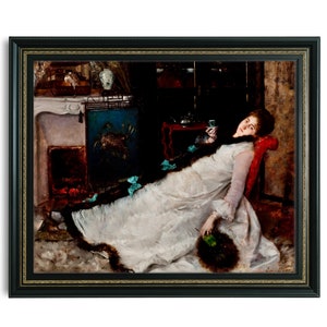 May include: A woman in a white dress reclines on a red chaise lounge in a dimly lit room. She holds a cup in one hand and a fan in the other. The room is decorated with a fireplace, a screen, and other objects.