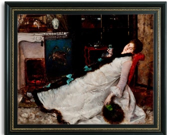 Resting, 19th Century Woman with Espresso Coffee Art, Sleepy Tired Woman Painting, High Quality Art Print, Ernest-Ange Duez, French Lady