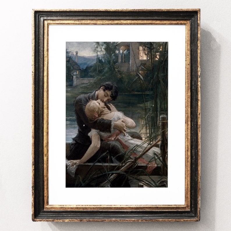 Lovers in the Small Boat aka Demon Love, Maximilian Pirner Art Print, Romantic Antique Art, Moody Sensual Art, Couple Kissing, Vintage Art image 3