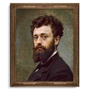 May include: A framed oil painting of a man with a thick beard and mustache. He is wearing a dark suit and has a serious expression on his face. The painting is signed in the lower right corner with the text "Amis grande hope, Raymond, Paris Sept 1897, F. Bastien."