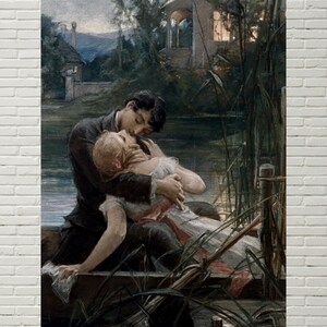 May include: A painting of a couple embracing in a boat on a lake. The man is wearing a dark suit and the woman is wearing a white dress. The scene is set at night with a house and trees in the background.