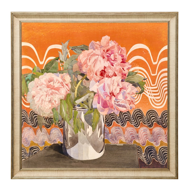 May include: A watercolor painting of pink peonies in a silver vase against a background of orange and white wavy lines.