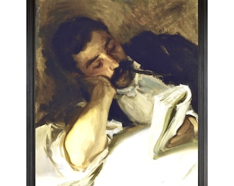 Vintage Painting Man Reading a Book and Laying on Bed, John Singer Sargent, High Quality Fine Art Print, Moody Art, Book Lovers Art