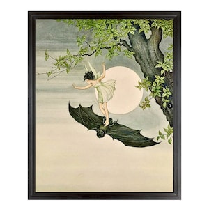 Fairy Riding a Bat, Cute Witchy Vintage Art, Reproduction Fairy Illustration, Ida Rentoul Outhwaite, Bat Wall Art, Antique Fairy Art