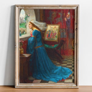 May include: A painting depicting a woman in a blue gown kneeling by a window, gazing out at a castle in the distance. She is wearing a white veil and has her hands clasped together. The painting is set in a room with a red tapestry and a spinning wheel.