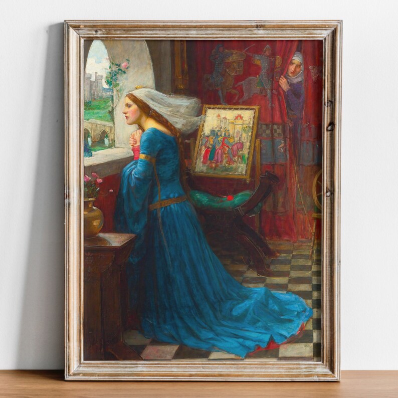 May include: A painting depicting a woman in a blue gown kneeling by a window, gazing out at a castle in the distance. She is wearing a white veil and has her hands clasped together. The painting is set in a room with a red tapestry and a spinning wheel.