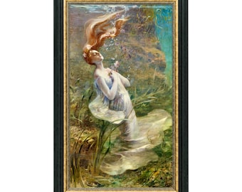 May include: A painting of a woman with long red hair, wearing a white dress, floating in a body of water. The water is filled with green plants and bubbles. The woman is holding a bouquet of flowers.