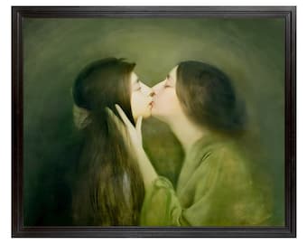 The Kiss, Sweet Romantic Lesbian Art, Antique Painting, Fine Art Print, French Victorian Belle Epoque, Two Women Kissing, Joseph Granie