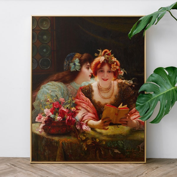 La Lecture, Gabriel Ferrier, High Quality Fine Art Print, 8x10, 11x14, 13x19, Dark Richly Colored Magical Art, Two Women with Book, Flowers