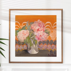 May include: A framed watercolor painting of pink peonies in a silver vase against a background of orange and white wavy lines.