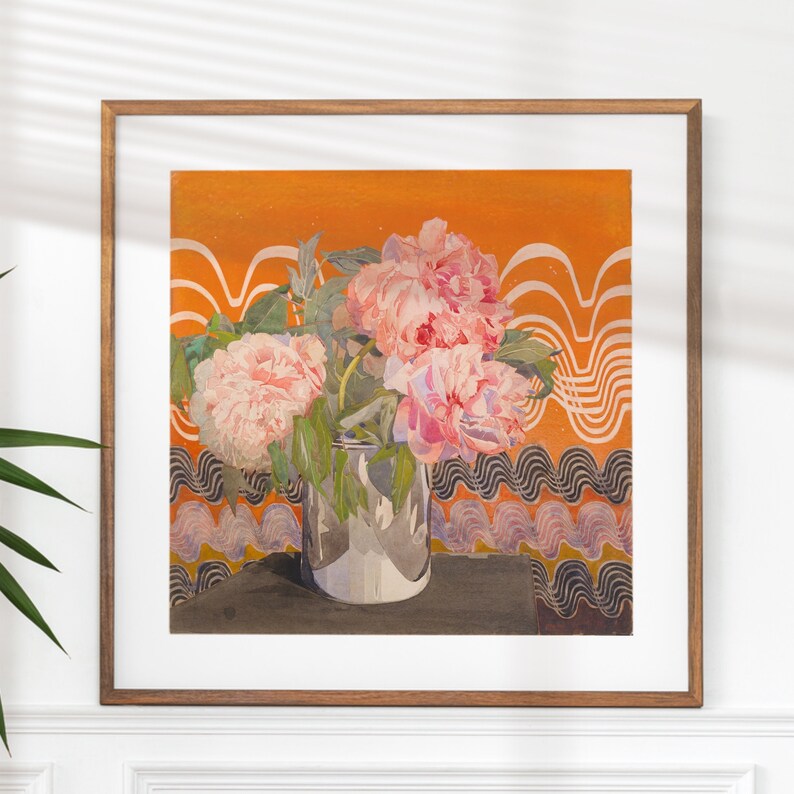 May include: A framed watercolor painting of pink peonies in a silver vase against a background of orange and white wavy lines.