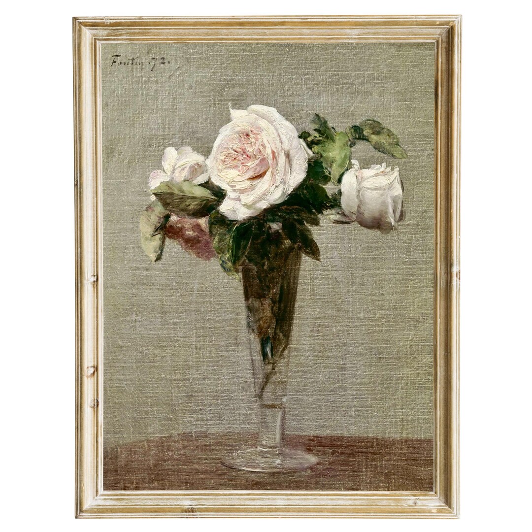 Pale Pink Roses in a Glass Vase, Still Life Painting Art Print, Antique ...
