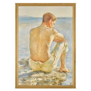 Young Man at Beach, Vintage Watercolor, High Quality Fine Art Print, Henry Scott Tuke, Watching the Sea, Charlie Mitchell, Beach Art